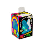 Angled view of NeeDoh Jelly Hops teal glitter bunny in retro rainbow gift box packaging