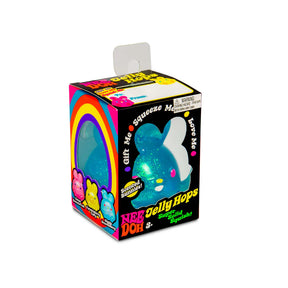 Angled view of NeeDoh Jelly Hops teal glitter bunny in retro rainbow gift box packaging