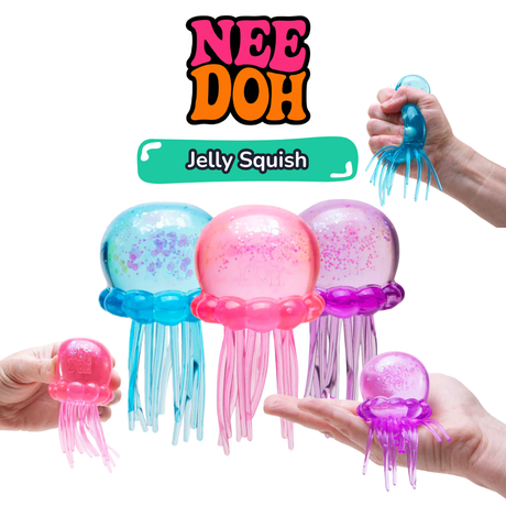 Colorful jellyfish-shaped squish toys with 'Nee Doh' branding on a white background.