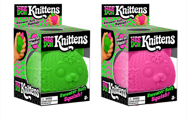 Nee Doh Knittens squishy cat sensory toy, green and pink in box packaging