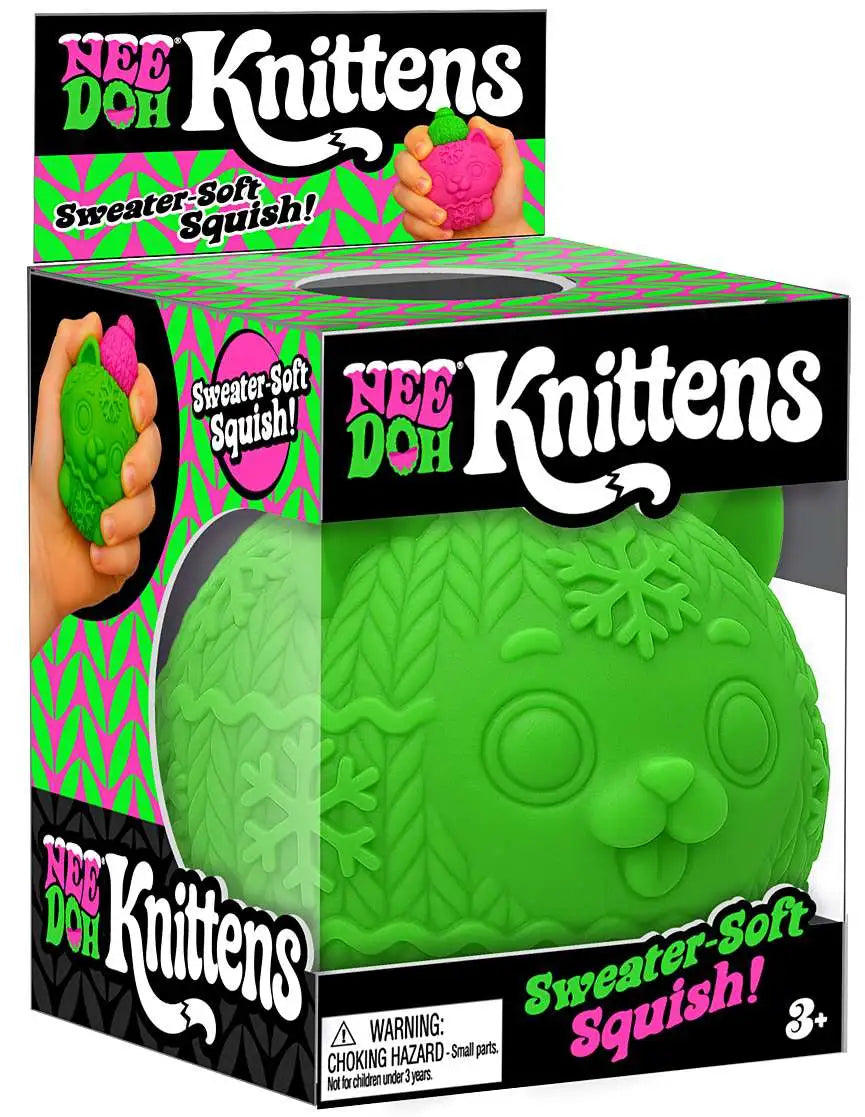 Nee Doh Knittens green squishy knitted cat sensory toy in box packaging