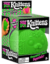 Nee Doh Knittens green squishy knitted cat sensory toy in box packaging