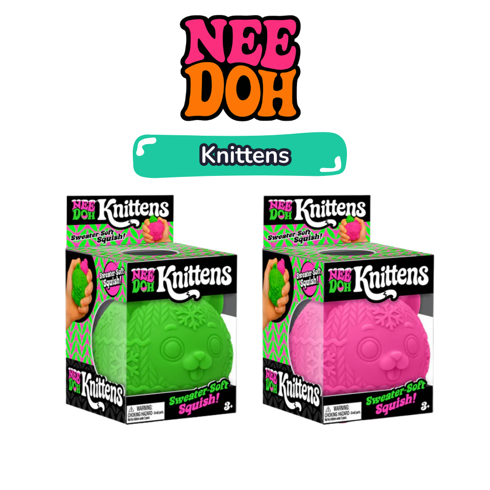 Nee Doh Knittens squishy knitted cat fidget toy, green and pink both colours packaging