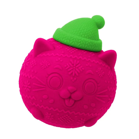Nee Doh Knittens pink squishy knitted cat sensory fidget toy with green hat