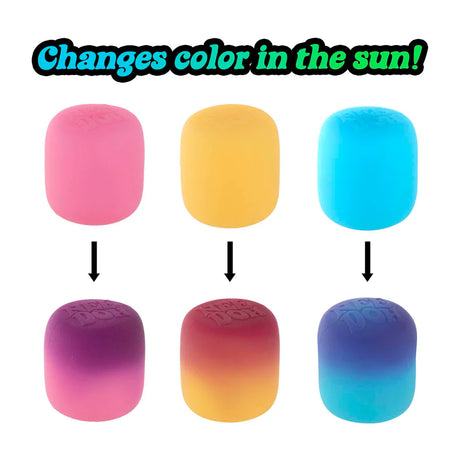 Three NeeDoh Mello Mallo toys showing before and after colour-change from pink to purple, yellow to amber, blue to violet