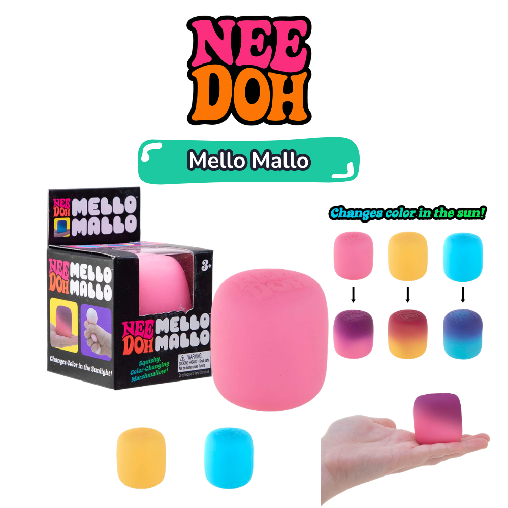 NeeDoh Mello Mallo in pink, yellow and blue with branded box showing colour-change feature