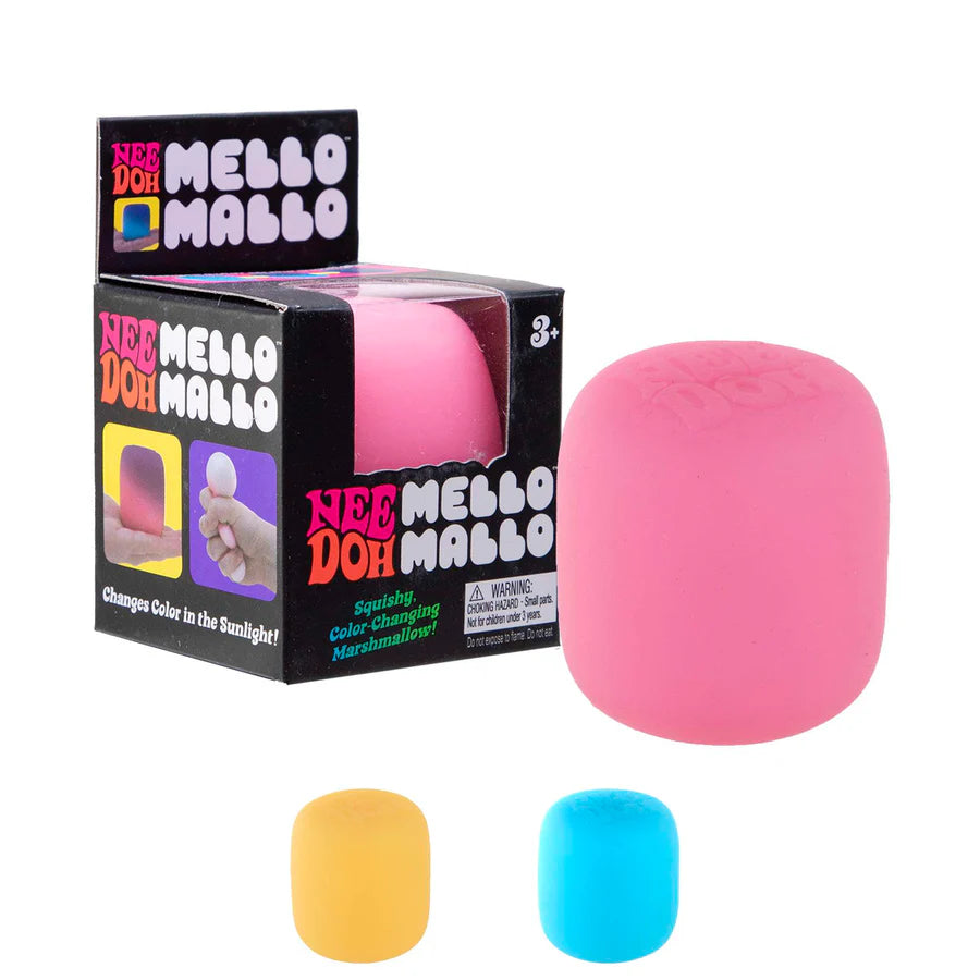 Pink NeeDoh Mello Mallo next to its branded box with yellow and blue versions below