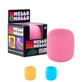 Pink NeeDoh Mello Mallo next to its branded box with yellow and blue versions below
