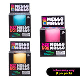 Three NeeDoh Mello Mallo boxes in pink, blue and yellow colourways