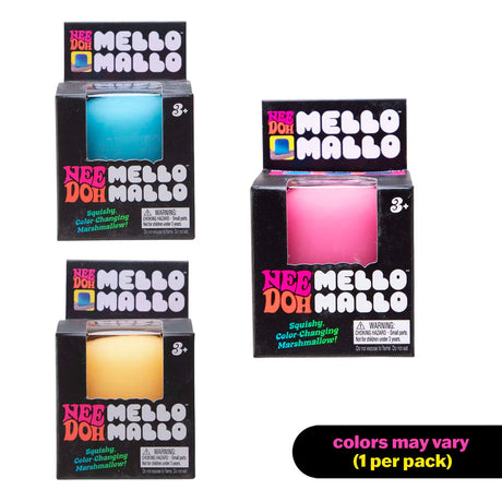Three NeeDoh Mello Mallo boxes in pink, blue and yellow colourways