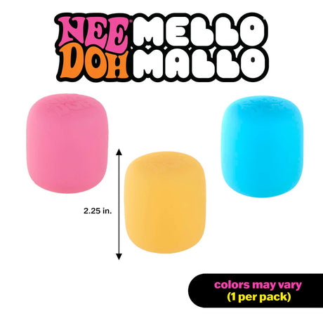 Three NeeDoh Mello Mallo toys in pink, yellow and blue showing 2.25 inch size