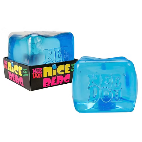 NeeDoh Nice Berg blue squishy cube with packaging, side view