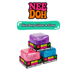 Nee Doh Nice Berg Glitter and Glow product overview showing pink, purple, and blue glitter squish cubes stacked on retail boxes
