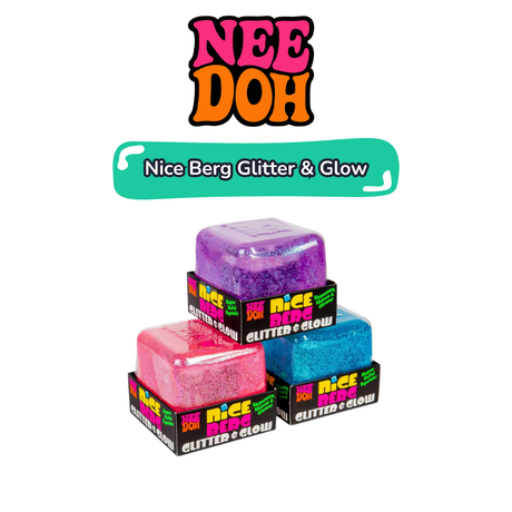 Nee Doh Nice Berg Glitter and Glow product overview showing pink, purple, and blue glitter squish cubes stacked on retail boxes