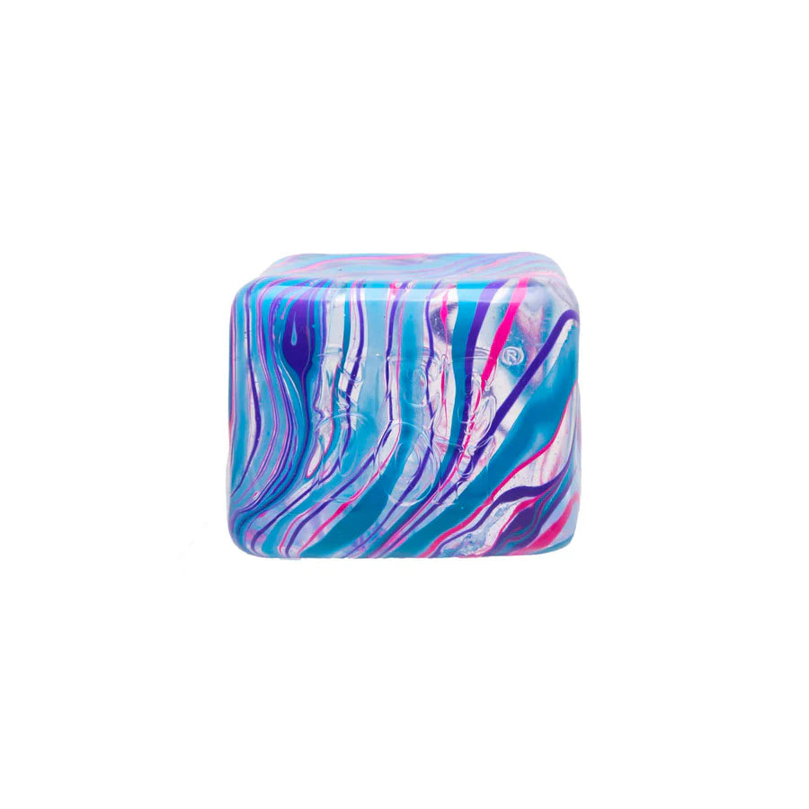 Blue and pink marbled Nee Doh Nice Berg Swirl squish cube on white background showing swirl detail
