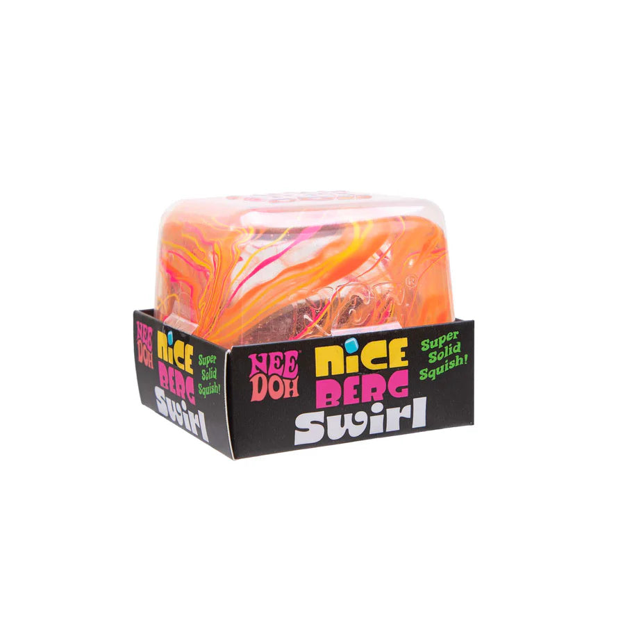 Orange and pink marbled Nee Doh Nice Berg Swirl squish cube on its branded retail box