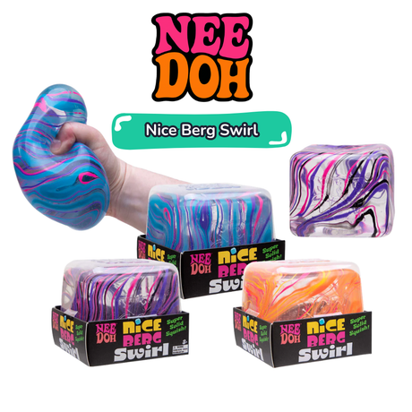 Nee Doh Nice Berg Swirl product overview showing all three marbled colourways with retail boxes and squeeze action shot