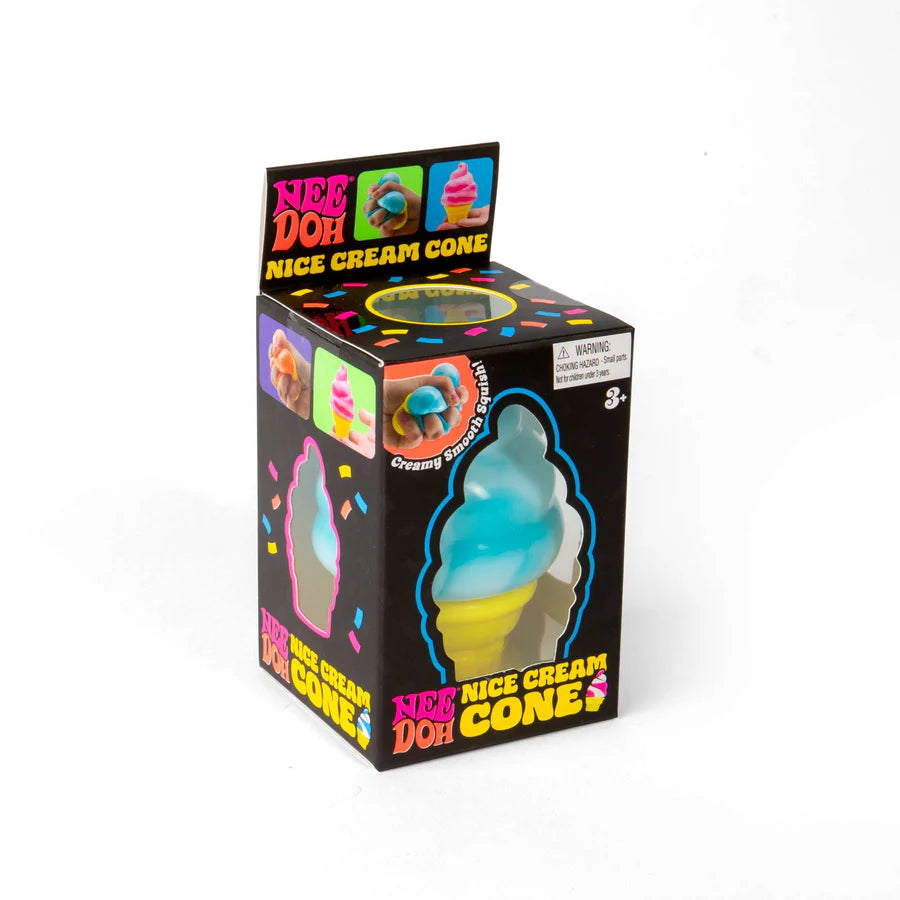 Blue Nee Doh Nice Cream Cone squish toy displayed in branded retail box showing soft-serve cone shape