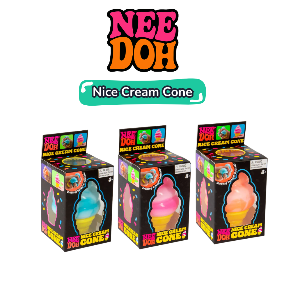 Nee Doh Nice Cream Cone product overview showing all three retail boxes in blue, pink, and orange colourways