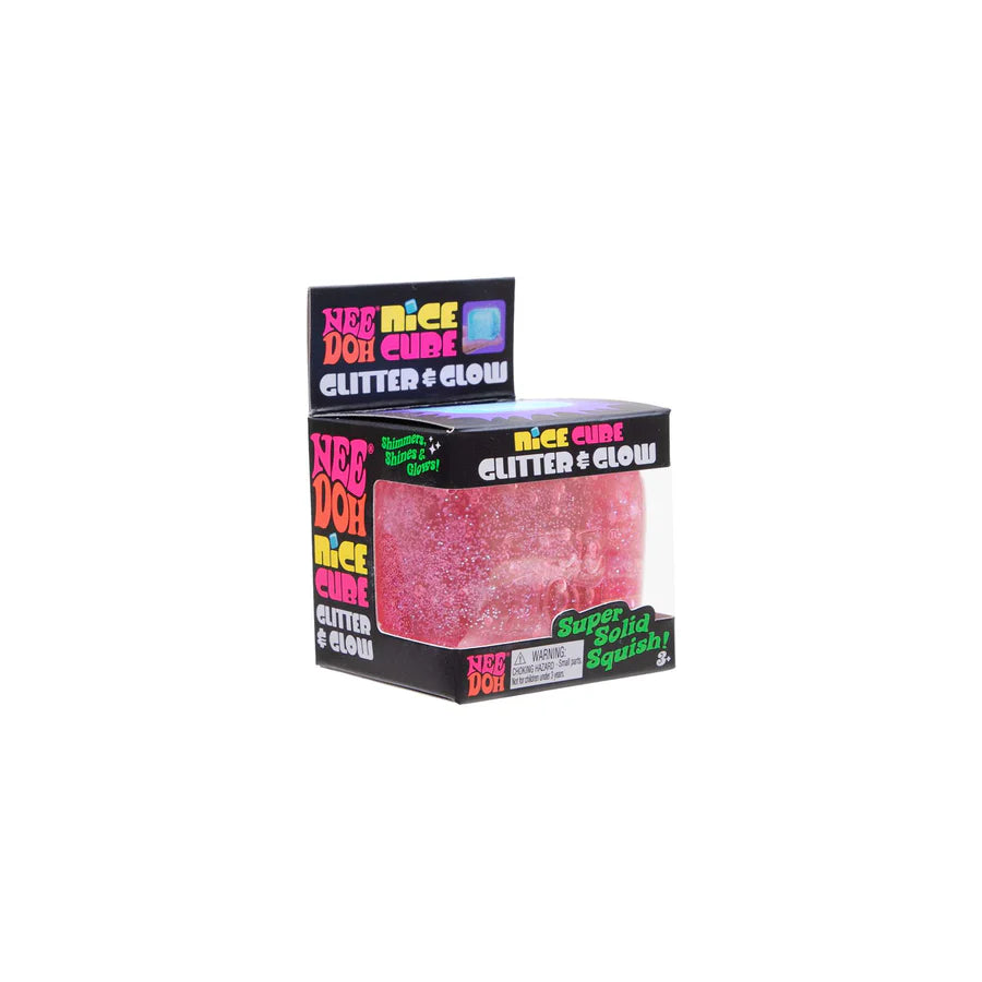 Pink NeeDoh Glitter and Glow Nice Cube sensory toy in its branded black box