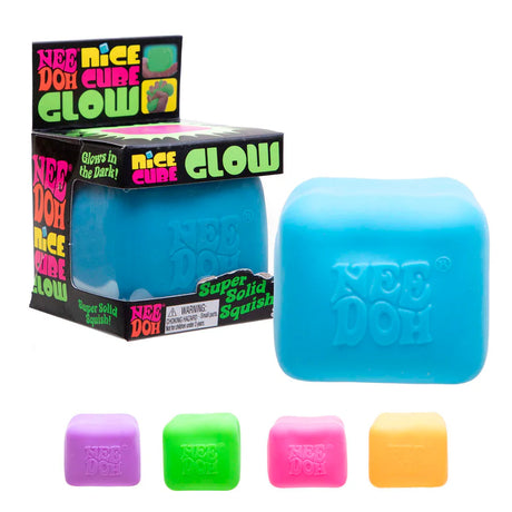 Blue Nee Doh Nice Cube Glow squish cube beside its retail display box with smaller colour variants below