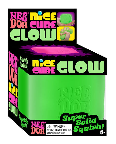 Nee Doh Nice Cube Glow green variant in branded retail display box