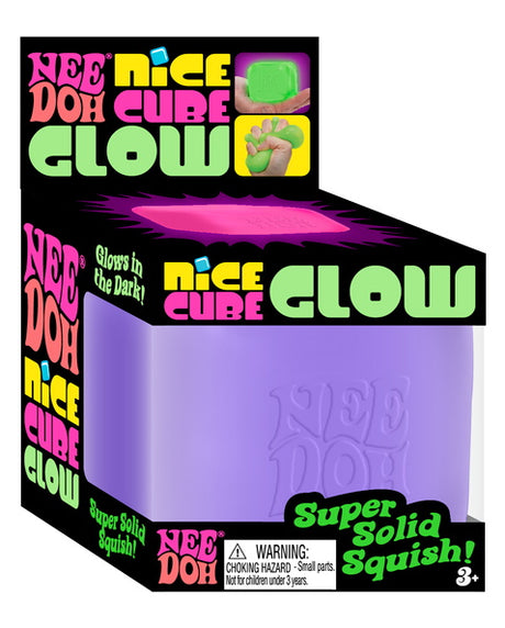 Nee Doh Nice Cube Glow purple variant in branded retail display box
