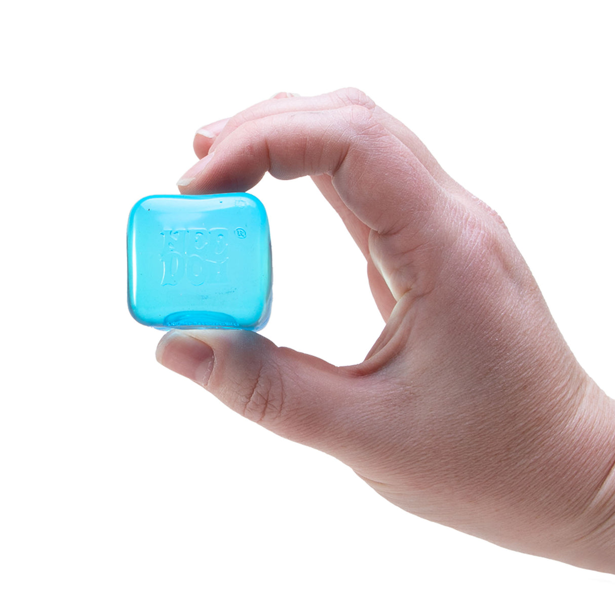 Blue NeeDoh Nice Ice Baby translucent squishy cube held in hand