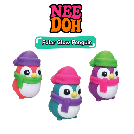 Three small squishy penguin toys with colorful winter hats and scarves on a white background, with the text 'NEE DOH' and 'Polar Glow Penguin' above them.