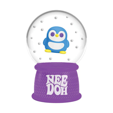 NeeDoh Snow Globe blue penguin figure with purple branded squishy base on white background