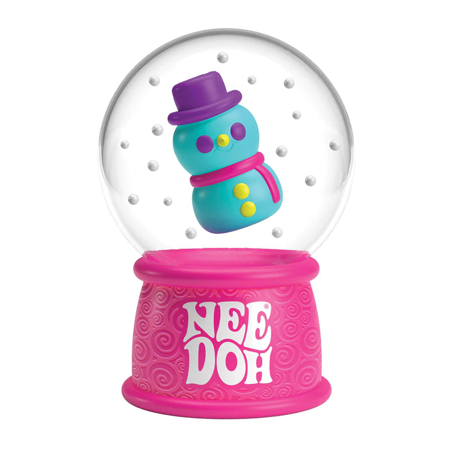 NeeDoh Snow Globe teal snowman figure with pink branded squishy base on white background