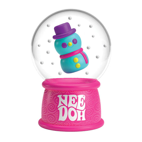 NeeDoh Snow Globe teal snowman figure with pink branded squishy base on white background