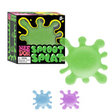 Green NeeDoh Sploot Splat sensory toy next to its box with blue and purple versions below