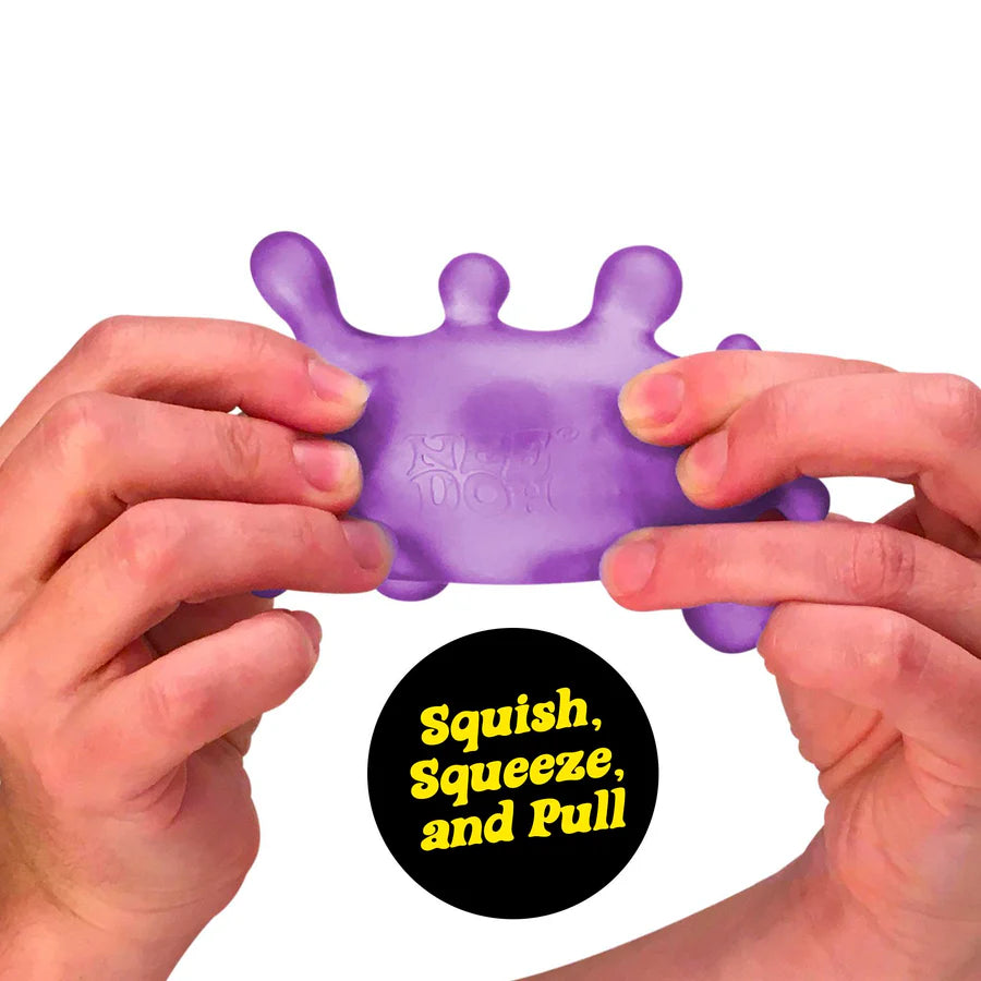 Two hands squishing and pulling a purple NeeDoh Sploot Splat