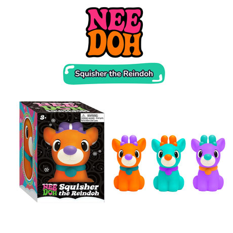 Nee Doh Squisher the Reindoh squishy reindeer fidget toy, all three colours with packaging
