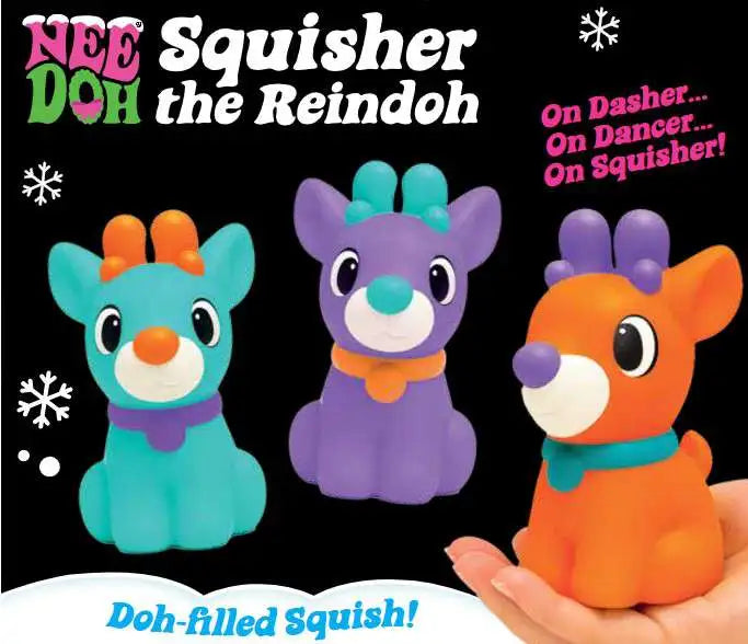 Nee Doh Squisher the Reindoh squishy reindeer fidget toy, three colour variants