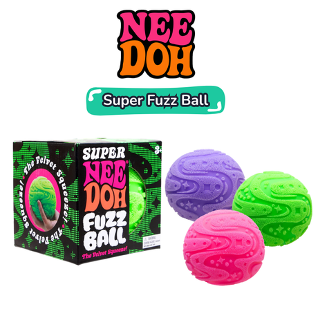 NeeDoh Super Fuzz Ball box with pink, purple and green sensory toys