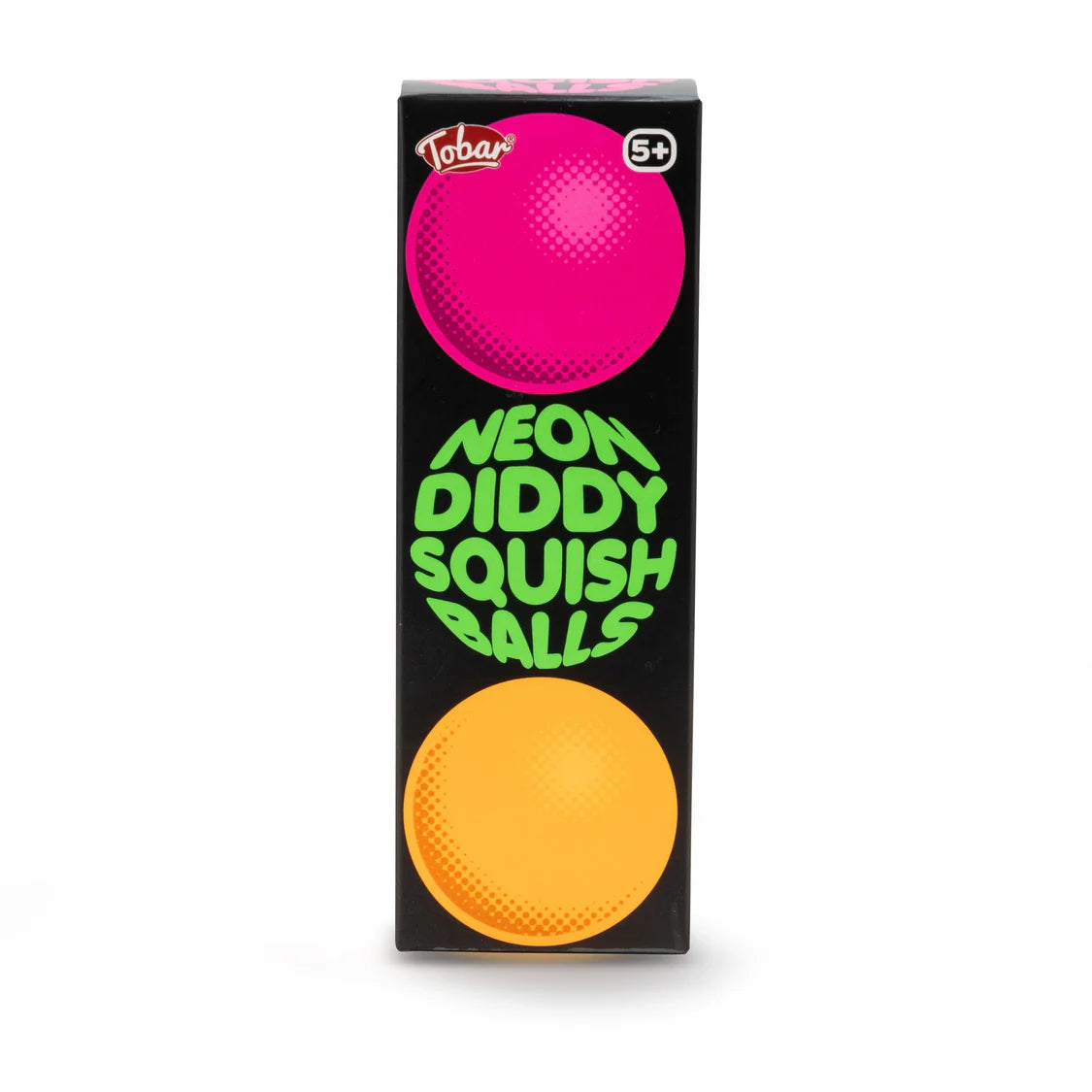 Front of Neon Diddy Squish Balls box by Tobar with bold black packaging and neon green text