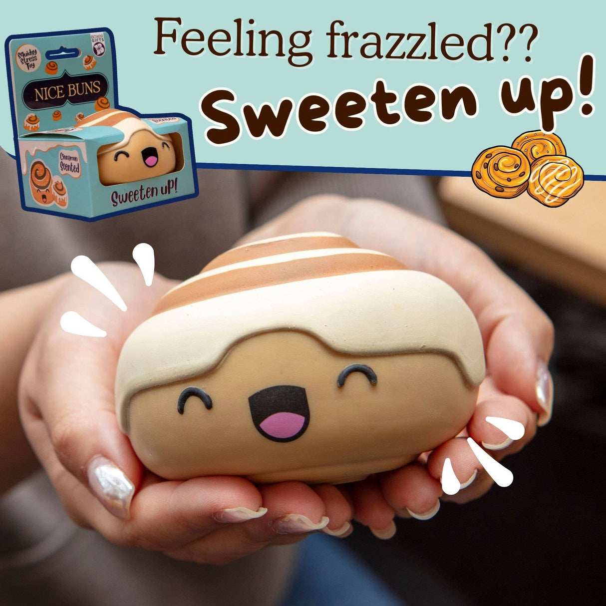 Person holding the Nice Buns kawaii cinnamon roll squishy in both hands