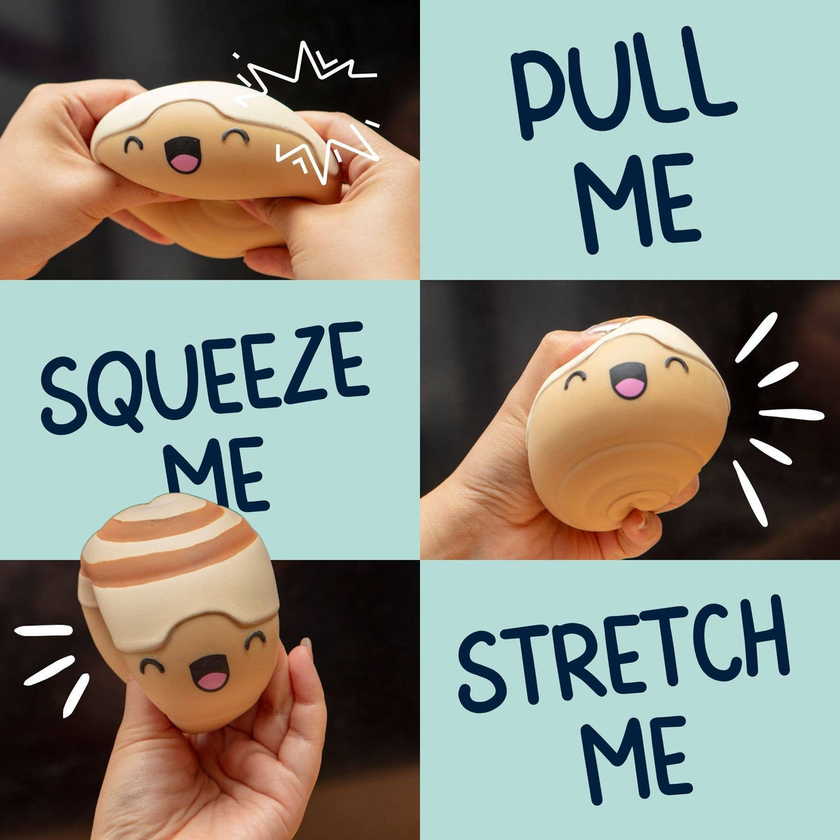 Collage showing the Nice Buns squishy being pulled, squeezed, and stretched