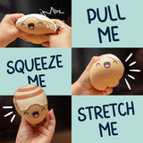 Collage showing the Nice Buns squishy being pulled, squeezed, and stretched