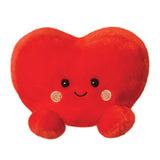 Aurora Palm Pals Amore Heart plush — a bright red heart-shaped soft toy with a gentle smiling face, embroidered blush cheeks, and rounded feet, photographed against a white background
