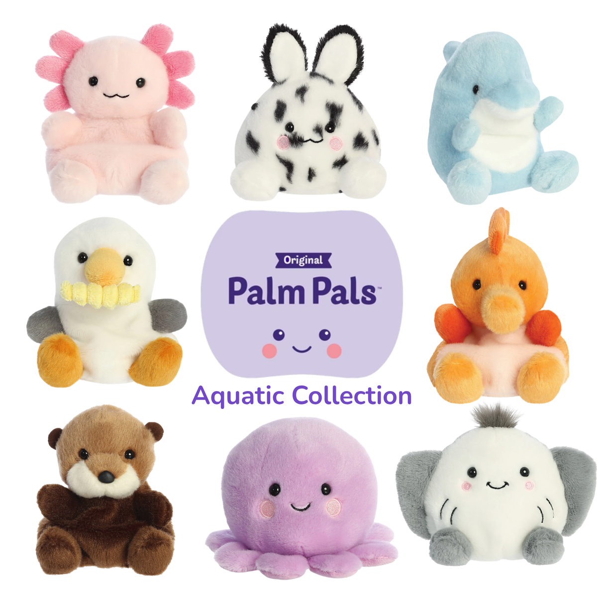Palm Pals Aquatic Collection showing some characters from the range including axolotl, octopus, otter and more