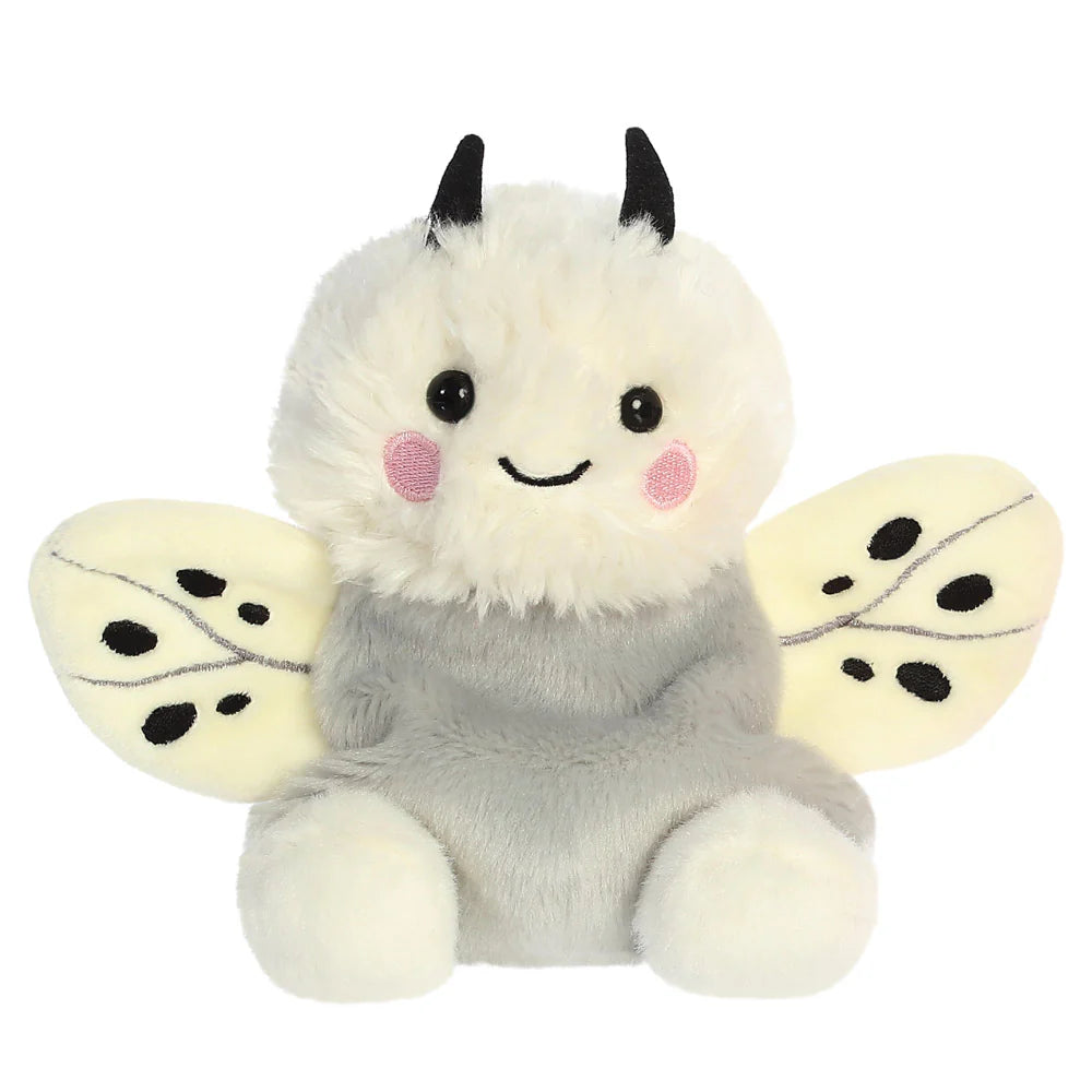 Palm Pals astra moth white fluffy plush with cream patterned wings and black horn antennae