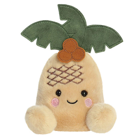 Aurora Palm Pals Breezy Palm Tree plush — a small round palm tree soft toy with a cream trunk body and green palm fronds on top, with a cheerful smiling face