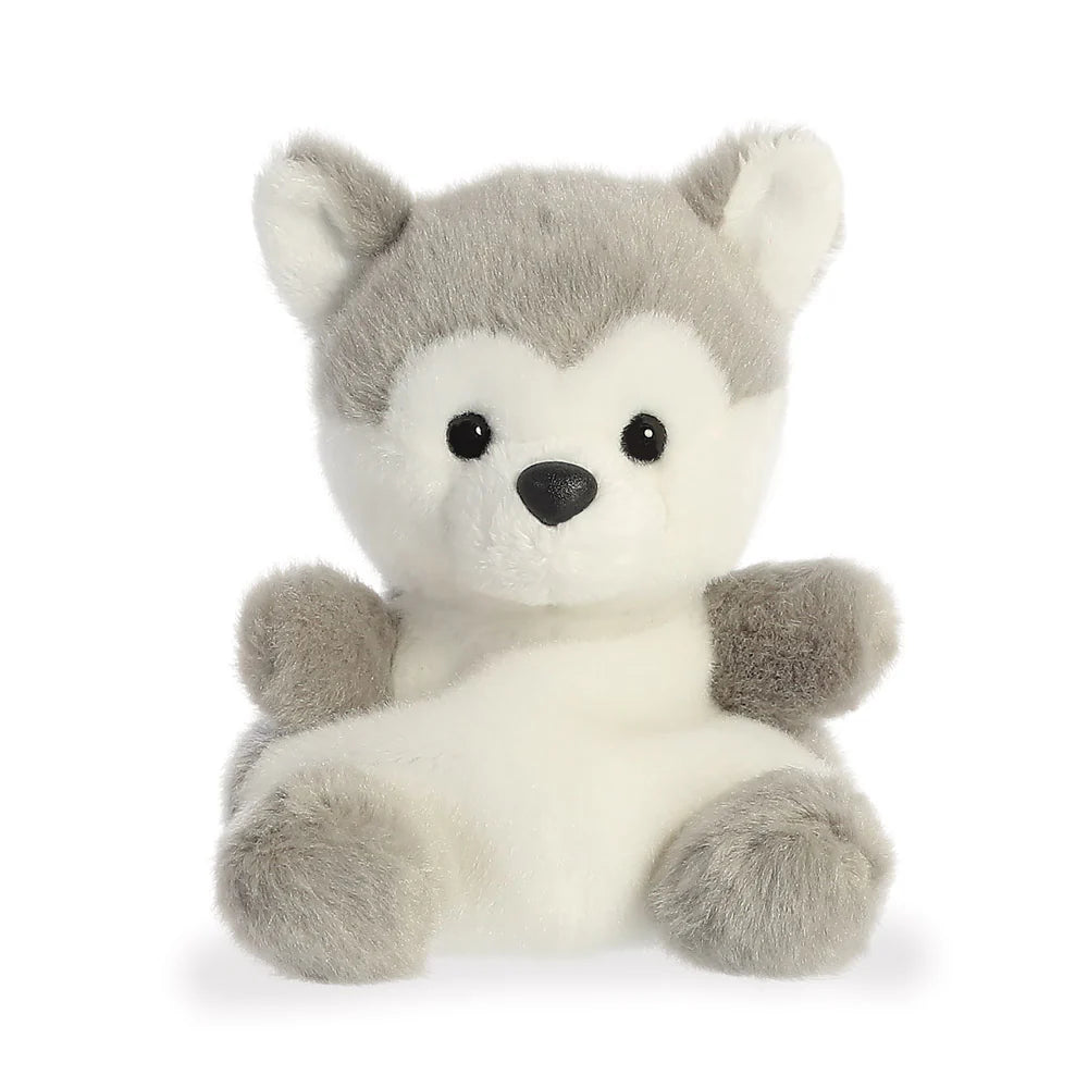 Palm Pals Busky Husky plush, a small palm-sized stuffed dog with a soft grey and white coat, dark grey markings, black button nose, and round fluffy paws