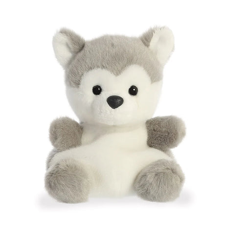 Palm Pals Busky Husky plush, a small palm-sized stuffed dog with a soft grey and white coat, dark grey markings, black button nose, and round fluffy paws