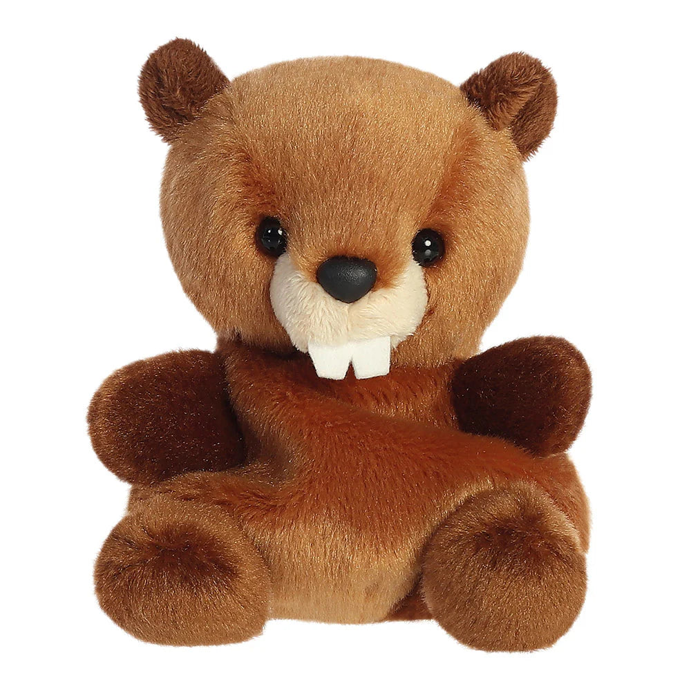 Palm Pals Chewy Beaver plush in warm brown fur with white buck teeth and black nose