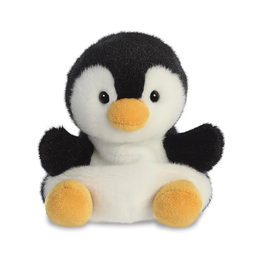 Aurora Palm Pals Chilly Penguin plush — a black and white penguin soft toy with a golden-yellow beak and feet, white chest, and a round head, seated against a white background