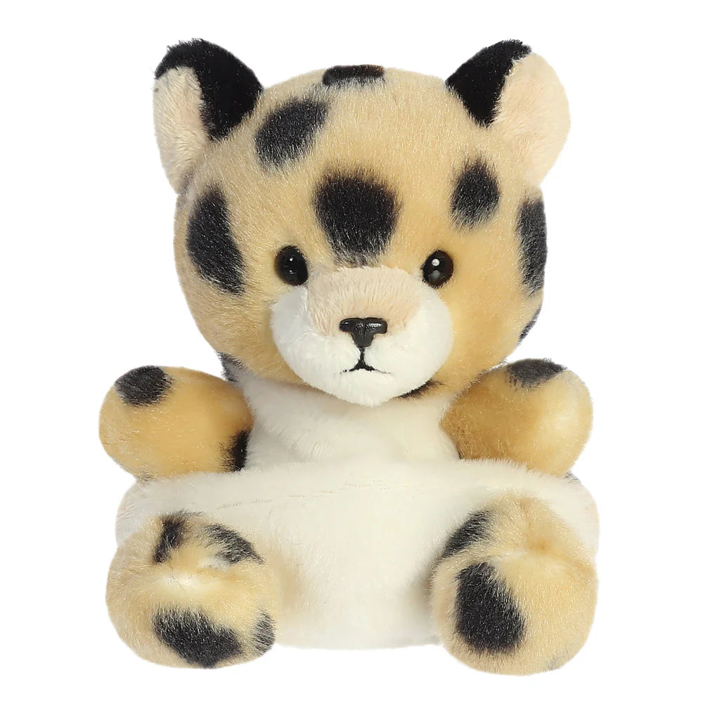 Aurora Palm Pals Chutney Cheetah plush — a tan and black spotted cheetah soft toy with a white muzzle, rounded ears with black tips, and a compact seated pose against a white background